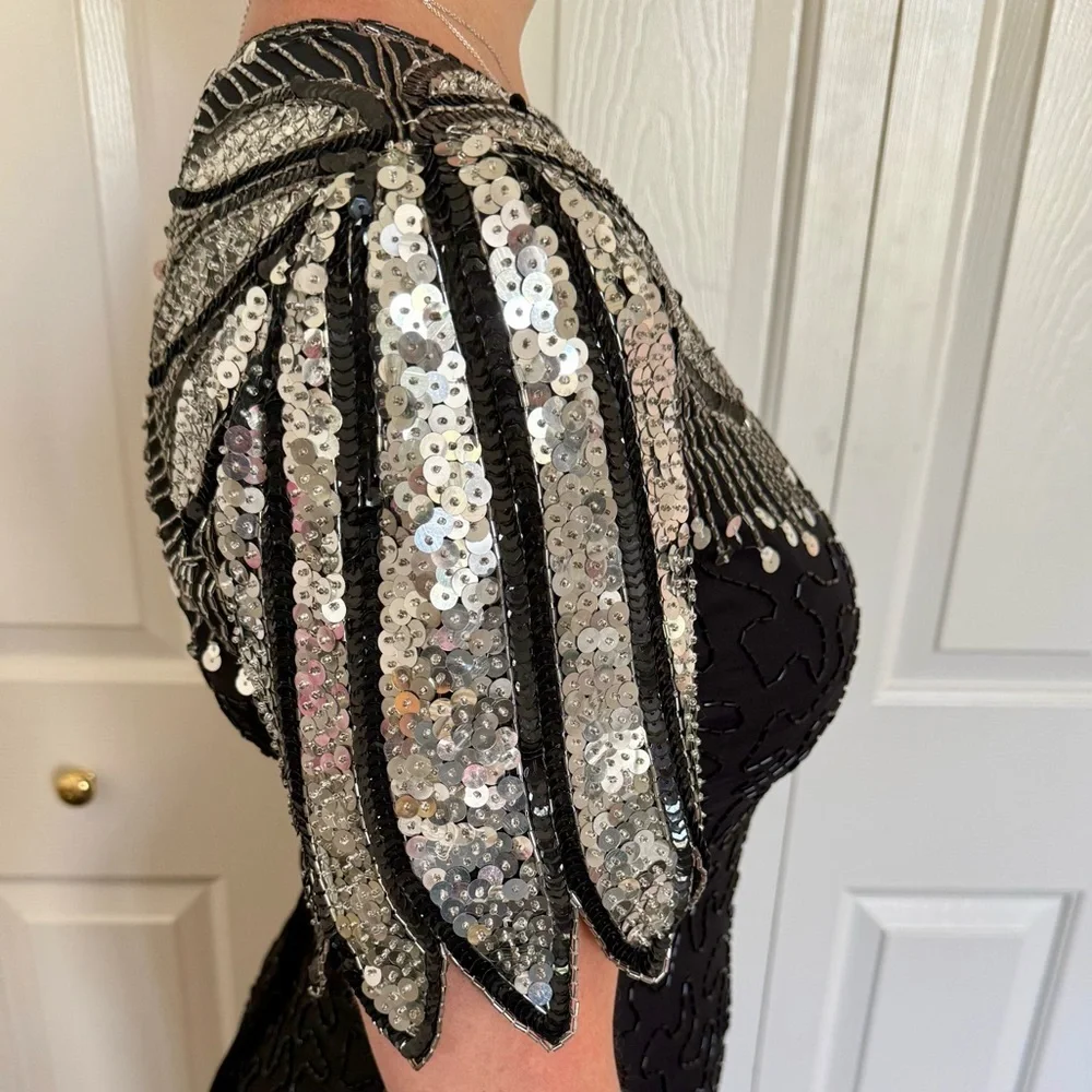 Vintage Laurence Kazar Sequin Black and Silver Silk Cocktail Dress Size S - Picture 3 of 9